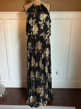 Black & Gold Metallic Floral Halter Maxi Dress